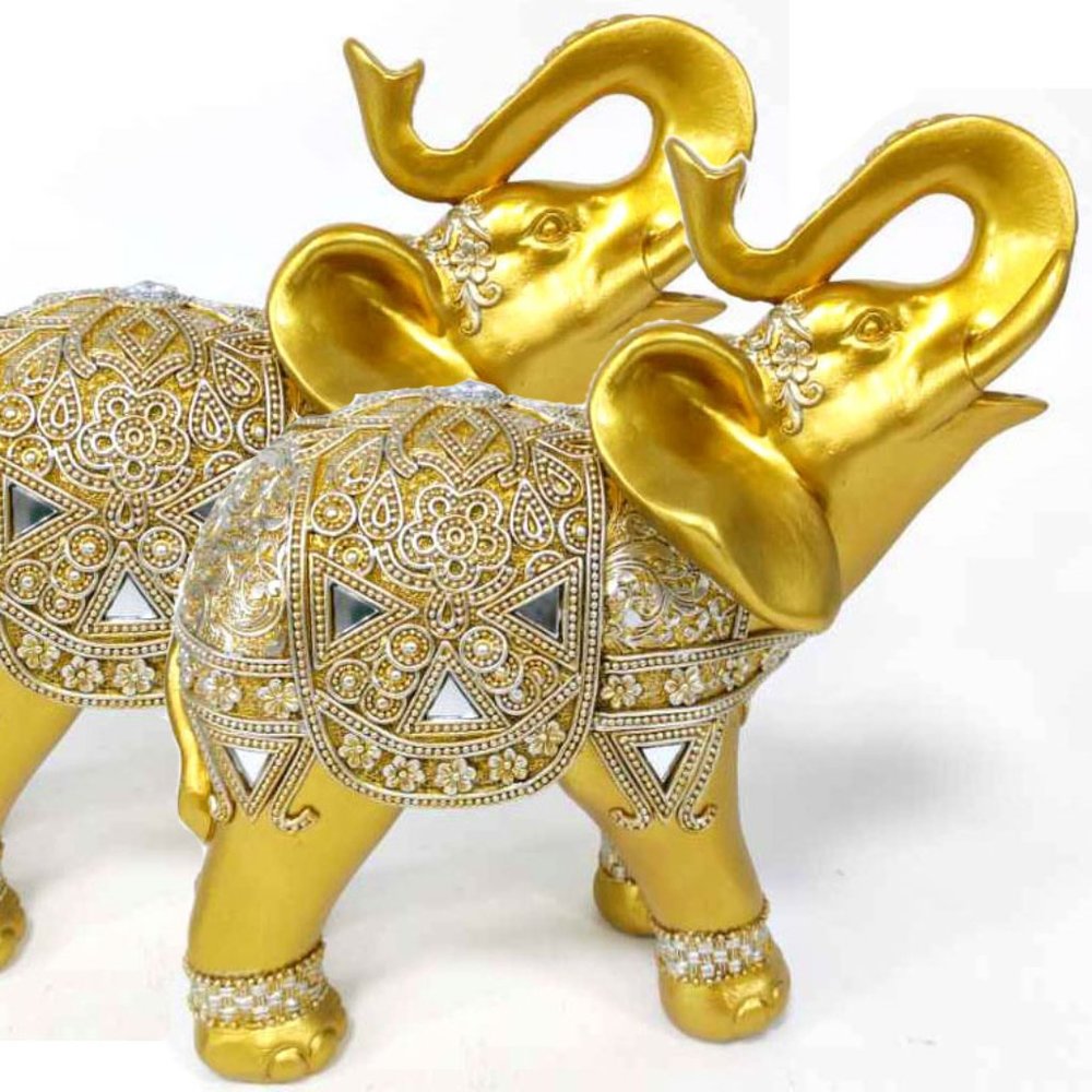 Set Of 2 Feng Shui 9”(H) Gold Color Elephants Statue With Trunk Facing Upwards